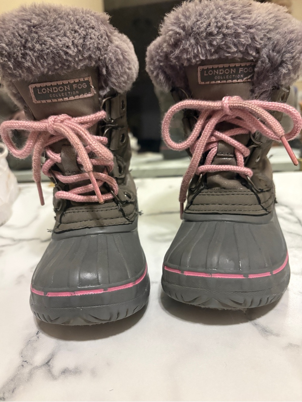 Size 9 London Fog Kids Gray Winter Boots with Pink Accents